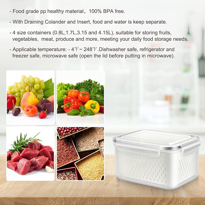 8 Pieces Fruit Storage Container for Fridge with Removable Colander | 4Pack Plastic Fruit Containers for Fridge, Container for Fruit Berry Salad Lettuce, BPA Free Kitchen Refrigerator Organizers
