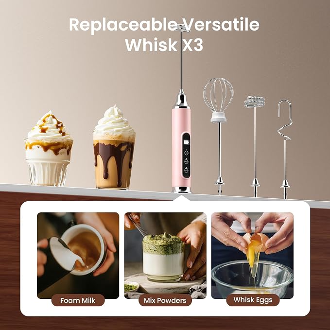 YUSWKO Milk Frother Wand for Coffee, Coffee Frother Handheld Drink Mixer | Rechargeable Mixer Wand, Waterproof Electric Whisk for Protein Powder, Lattes, Cappuccino, 3 Variable Speeds 3 Whisks, Pink