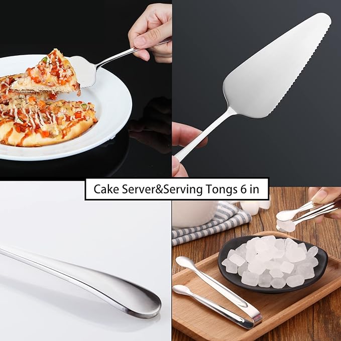 8 PCS Stainless Steel Serving Utensils, Large Serving Spoons Slotted Spoons, Forks, Ice Suger Tongs, Cake Server, Soup Ladle, Metal Utensils Set Great for Buffet Catering Banquet Party, Silver