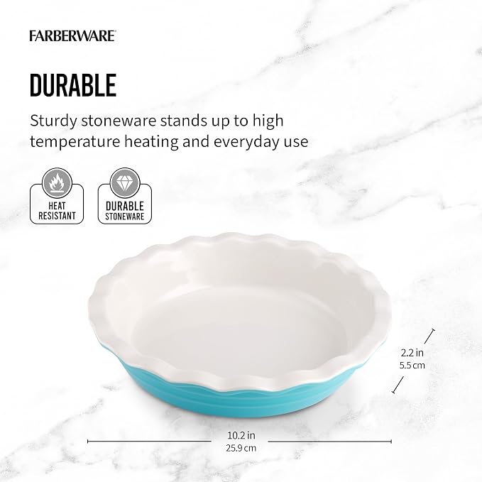 Farberware Bakers Advantage 10 Inch Ceramic Pie Dish - Two-Tone Teal and Ivory Stoneware Pie Pan with Scalloped Edge for Even Baking, Quiche, Casseroles