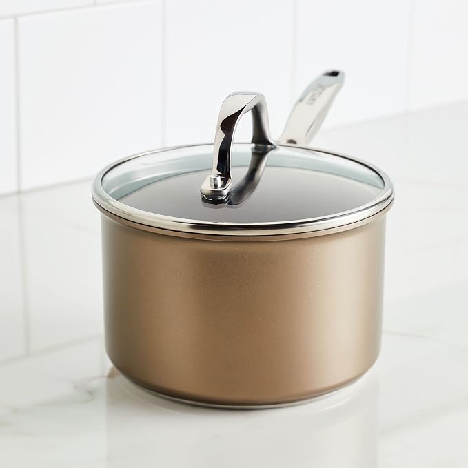 Anolon Ascend Hard Anodized Nonstick Sauce Pan/Saucepan and Lid - Good for All Stovetops (Gas, Glass Top, Electric & Induction), Dishwasher & Oven Safe with Stainless Steel Handle, 3 Quart - Bronze