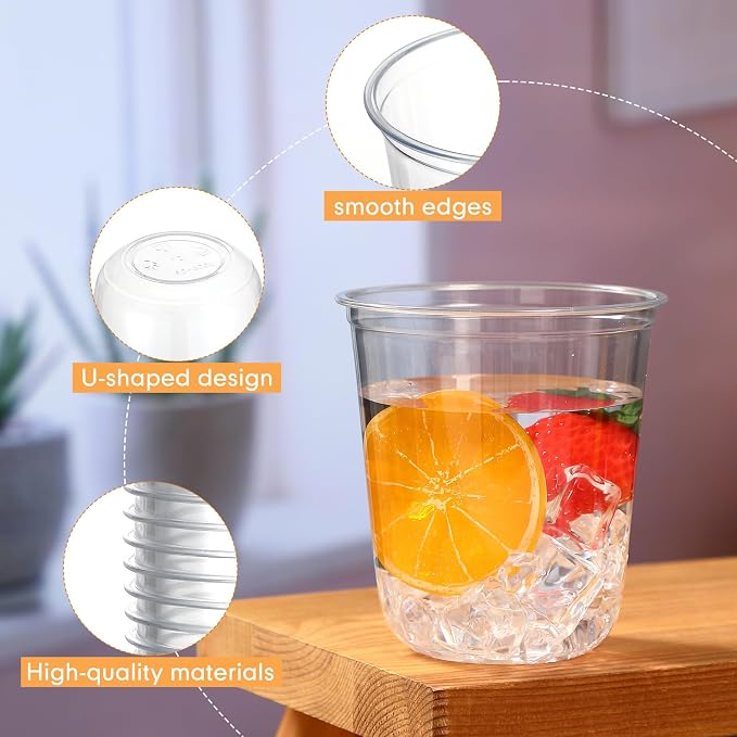 Ziliny 100 Pcs 14oz Plastic Stemless Wine Glasses Disposable, Clear | Plastic Wine Glasses for Parties Weddings Birthdays, Cocktail Drinking Cups, Round Bowl, Bulk Event Supplies