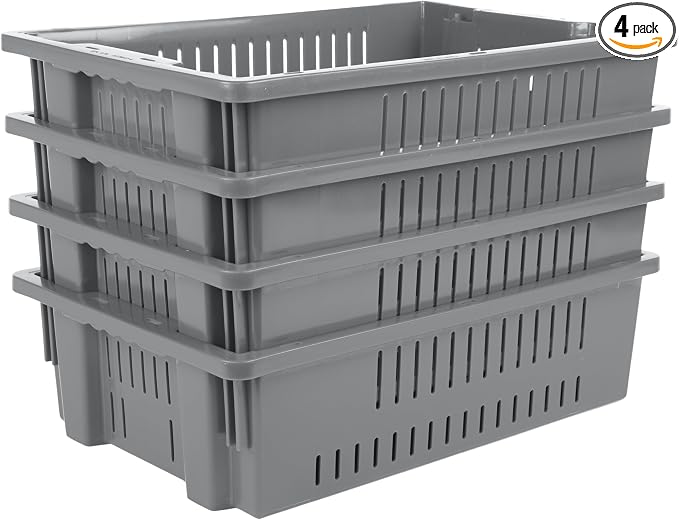 Hudson Exchange 20 x 13 x 5.6" (4 Pack, 4.5 Gallon) Agricultural Nest and Stack Vented Crate Handled Storage Container Tote, Gray