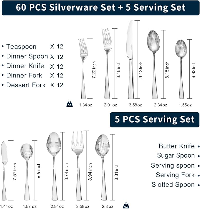 65 Piece Silverware Set for 12 with Serving Utensils, 18/10 Stainless Steel | KINGSTONE Forged Flatware Cutlery Set, Mirror Polished Knives Fork and Spoon Utensils, Dishwaher Safe for Home Wedding Party