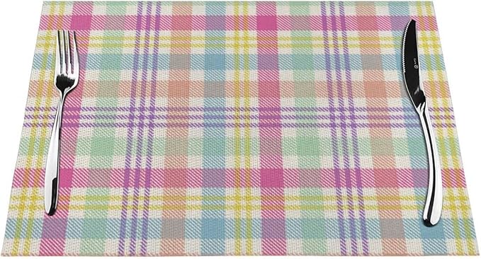 Spring Plaid Placemats Set of 4, Easter Colorful Buffalo Plaid Decorative Table Mat 12 x 18 Inch Heat Resistant Non Slip Line Fabric Place mat for Holiday Party Kitchen Dining Decor