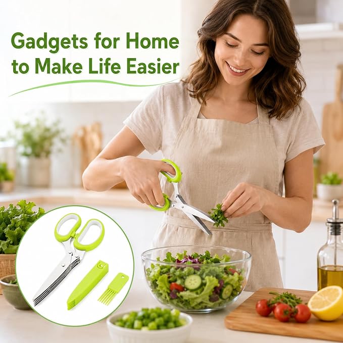 Herb Scissors, Kitchen Shears for Lettuce, Cilantro, Green Onion & Parsley | Must Have Kitchen Gadgets for Home, to Make Life Easier, Cilantro Salad Chopper Scissors, 5 Sharp Blades, Dishwasher Safe