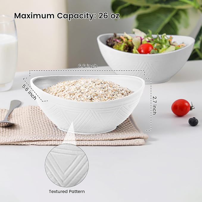 Wheat Straw Bowls Set of 4, Unbreakable Plastic Bowls Reusable, Microwave Safe Cereal Bowl for Camping, RV, Apartment, Party, Kitchen Bowl for Serving, Eating, Soup, Popcorn (26 OZ, White)