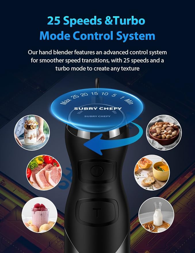 2025 New 1000W Immersion Blender Handheld – 25-Speed, Stainless Steel, Hand Blender, Corded Hand Mixer with Heavy-Duty Copper Brushless Motor & Gift Box (Black)