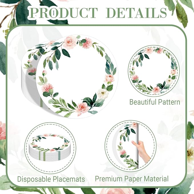 50 Pack Paper Placemats Disposable Pink Floral Wedding Placemats 13.7 Inch Rose Floral Round Place Mats Summer Table Mats for Birthday Wedding Anniversary Bride Party Supplies