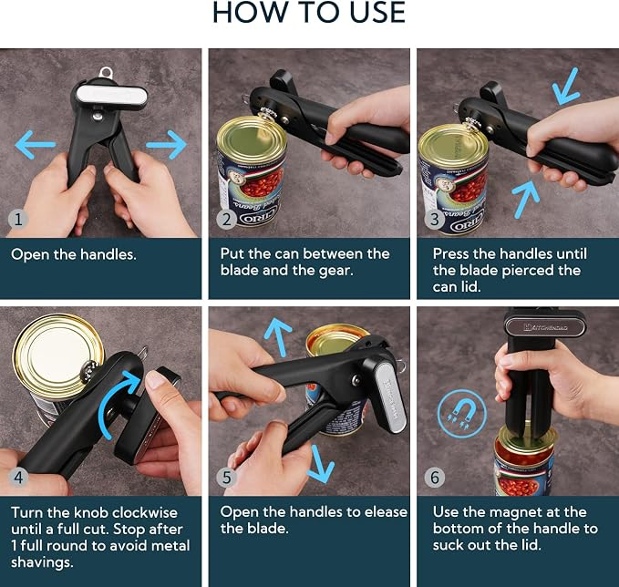 KITCHENDAO Replaceable Can Opener with 2 Extra Blades, Super Sharp Manual Can Opener with Magnet, Smooth Edge Cut Handheld Tin Opener, Large Turning Knob for Seniors & Arthritis, Black