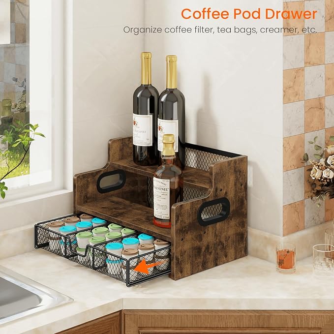 Coffee Syrup Rack Organizer, 3-Tier 8 Bottles Syrup Holder Stand with 35 K Cup Storage Basket Drawer for Coffee Bar, Wood Liquor Shelf Wine Rack Countertop for Home, Rustic Brown