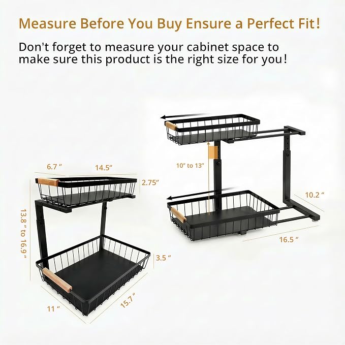 Under Sink Organizer, 2 Tier Pull Out Cabinet Organizers and Storage for Kitchen Bathroom Pantry Laundry, Adjustable Height, Slide Out Thickened Metal Storage Shelf (Black, 1 Pack)