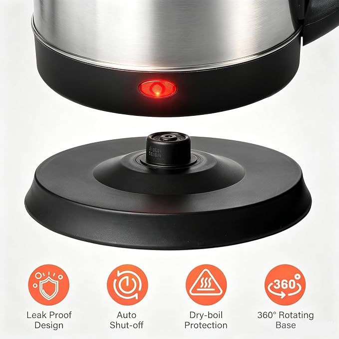 1.8L Stainless Steel Electric Kettle for Tea and Coffee, Silver | 1000W Rapid Boil Hot Water Kettle, Auto Shut-Off, One Touch Lid, 360°Swivel Base, BPA Free