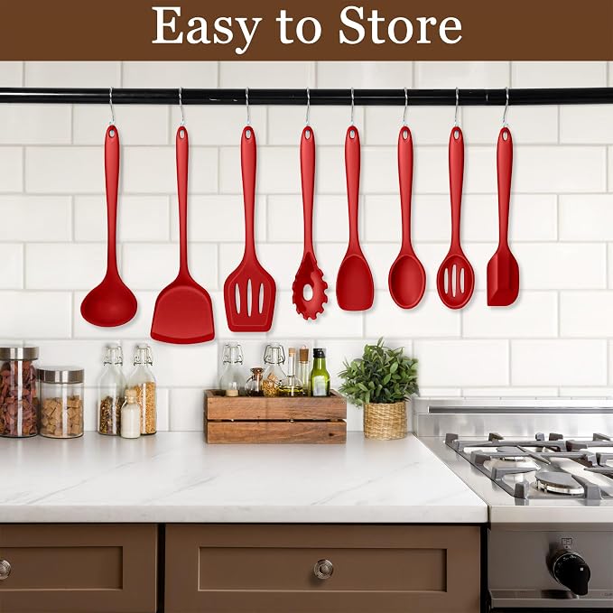 LIANYU 8Pcs Kitchen Cooking Utensils Set, Red Silicone Spatula Utensils | Metal Core, Non-Toxic Cooking Gadgets Tools for Non-stick Cookware, Heat Resistant & Dishwasher Safe