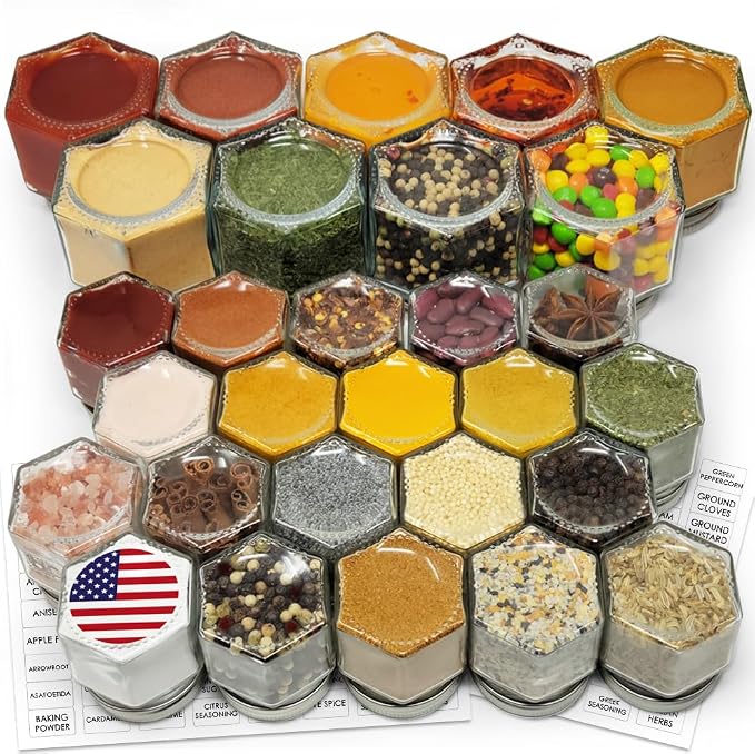 Magnetic Spice Jars Combo Pack 29 Pack (9 Large 4 oz + 20 Small 2 oz) Refrigerator Hexagon Glass Spice Jar Magnetic Lid Shaker Spice Labels Magnetic Glass Spice Container for RV Kitchen Fridge Cabinet