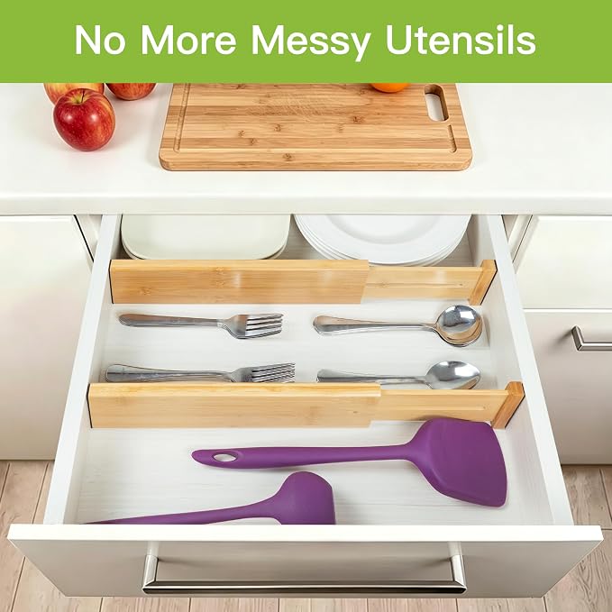 Utoplike Bamboo Dresser Drawer Dividers, Expandable Organizer for Clothing | Adjustable 3.2" High Drawers Separators for Kitchen, Bathroom, Bedroom, Office Storage, 4Pcs, Fit 13.5"-16" Inner Drawer