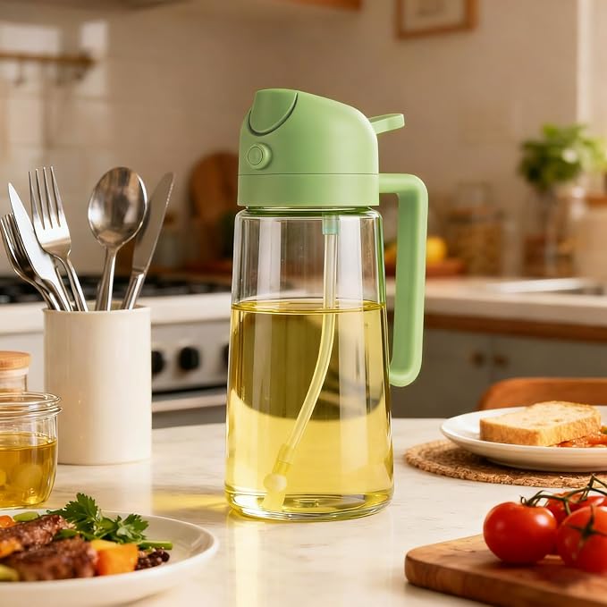 16oz/470ml Glass Olive Oil Sprayer for Air Fryer, 2 in 1 Spray & Pour Dispenser with Fine Mist & Portion Control, BPA-Free Kitchen Gadget for Cooking, Salad, BBQ, Roasting (Green)