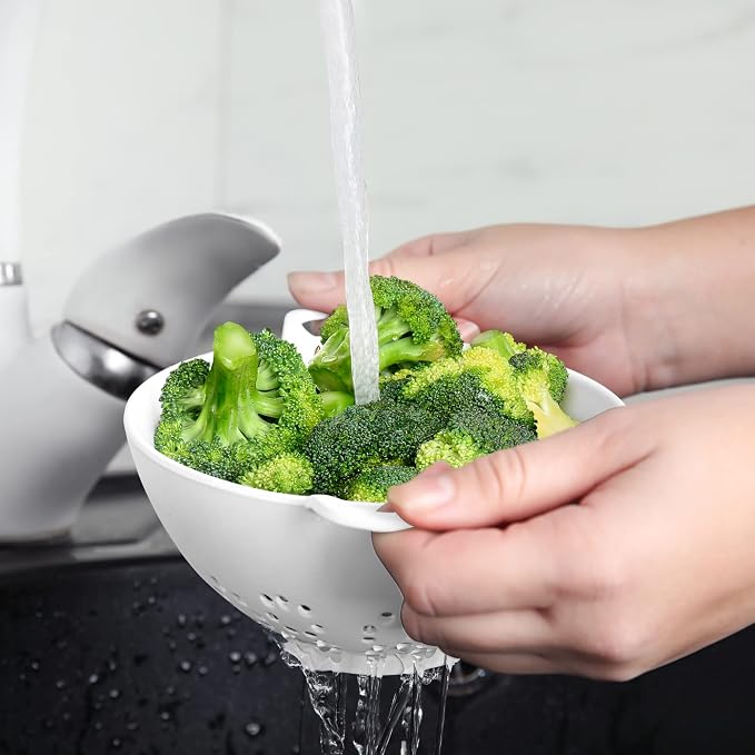 Meadow Lane 6-Inch Small Colanders, 3-Cup Strainers, Green/White, 2-Pack | BPA-free, dishwasher-safe mini colander has a wide, shallow bowl, 1/8-inch holes, two handles, ring foot and smooth edges.