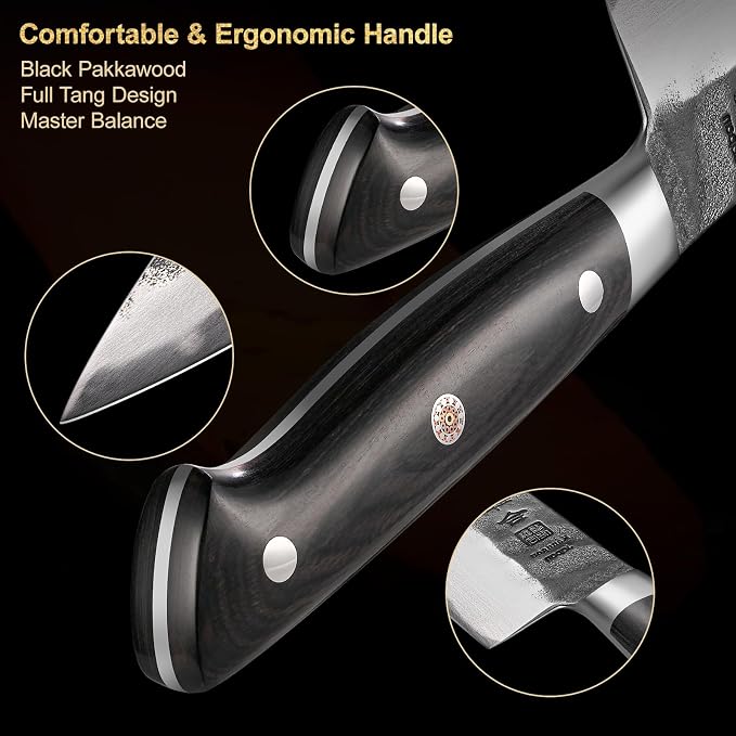 8 Inch Chef Knife, Japanese Chefs Knife Black Forged Kitchen Knife with AUS-8 Alloy Steel and Full Tang Pakkawood Handle, Christmas Gift with Premium Box