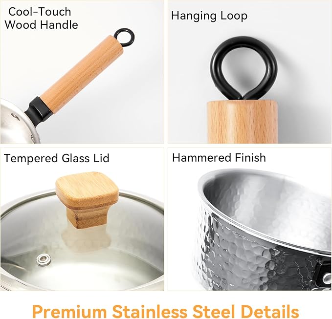 WANGYUANJI 1.8 Quart Stainless Steel Saucepan with Lid, Tri-Ply Steel Small Sauce Pan, Coating-Free Interior, Hammered Finish, Induction Compatible Soup Pot with Tempered Glass Lid & Wood Handle