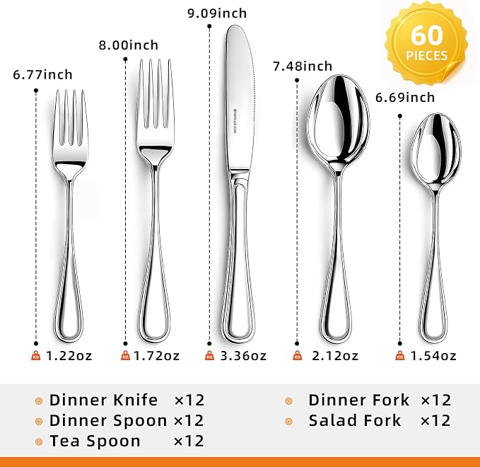 NICE KITCHEN Silverware Set for 12,60 Piece Heavy Duty Cutlery Set | Mirror Polished Stainless Steel Flatware Set,Dishwasher Safe Utensil Set with Knives Forks Spoons,Luster Series