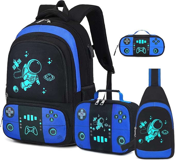 Backpack for School Boys, Cool Luminous Gamer Boys Schoolbag | with Lunch Box & Pencil Case Set for Kids Teens Elementary Middle School, Bookbag Glow In The Dark