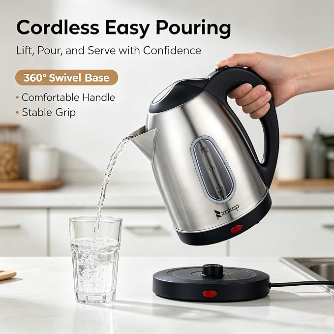 Stainless Steel Kettle Tea Kettle 1.5 Liter, Water Level Indicator 1200 Watts Fast Boiling, 360° Swivel Base Bpa Free, Auto-Shutoff and Boil-Dry Protection, for Tea and Coffee