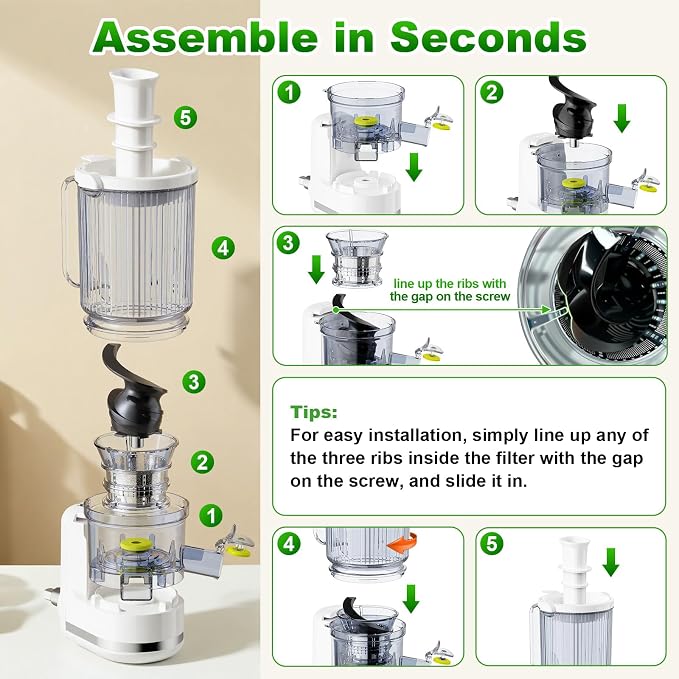 Masticating Juicer Attachment for KitchenAid Stand Mixer | 4.9" Large Feed Chute Fit Whole Vegetables & Fruits, Slow Cold Press Juicer Includes 2 * 32oz Capacity Cups