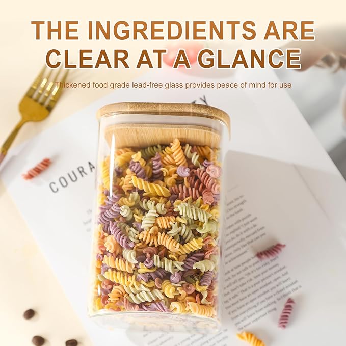 3-Pack Square Glass Jars with Bamboo Lids, 32oz Food Storage | 32oz Airtight Canister Set, Clear Glass Storage Containers with Lids for Candy, Coffee, Tea, Sugar, Flour, Cookies, Spices