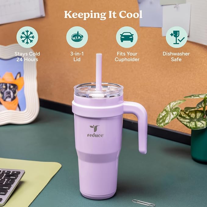 REDUCE 24 oz Stainless Steel Tumbler with Handle - Dual-Wall Vacuum Insulated Travel Mug, Sweat-Proof Lid & Reusable Straw - Keeps Drinks Cold for 24 Hrs, Fits Cupholders, Dishwasher Safe - Phantom