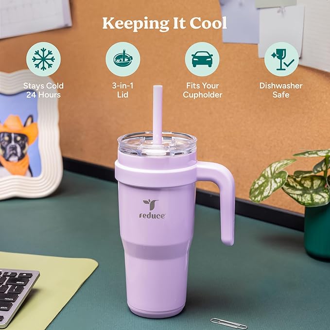 REDUCE 24oz Stainless Steel Tumbler w/Handle - Dishwasher Safe Travel Mug | Dual-wall vacuum insulated, sweat-proof lid, reusable straw, keeps drinks cold for 24 hrs, fits cupholders, Mineral Blue