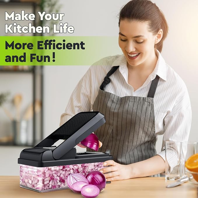 MealHelper 12-in-1 Vegetable Chopper, Food Veggie Chopper With Container | Kitchen Prep Tool, Cheese Grater, Home Essentials & Kitchen Gadgets, with Sharp Stainless Steel Blades(7 Blades, Gray)