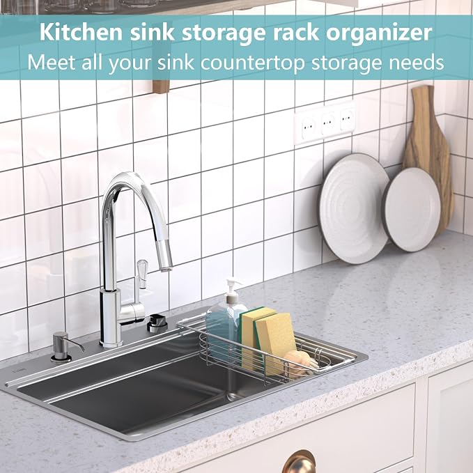 Sink Caddy Sponge Holder Kitchen Sink Organizer Expandable 13.4" to 17.1" | 304 Stainless Steel Telescopic sink organizer rack for kitchen