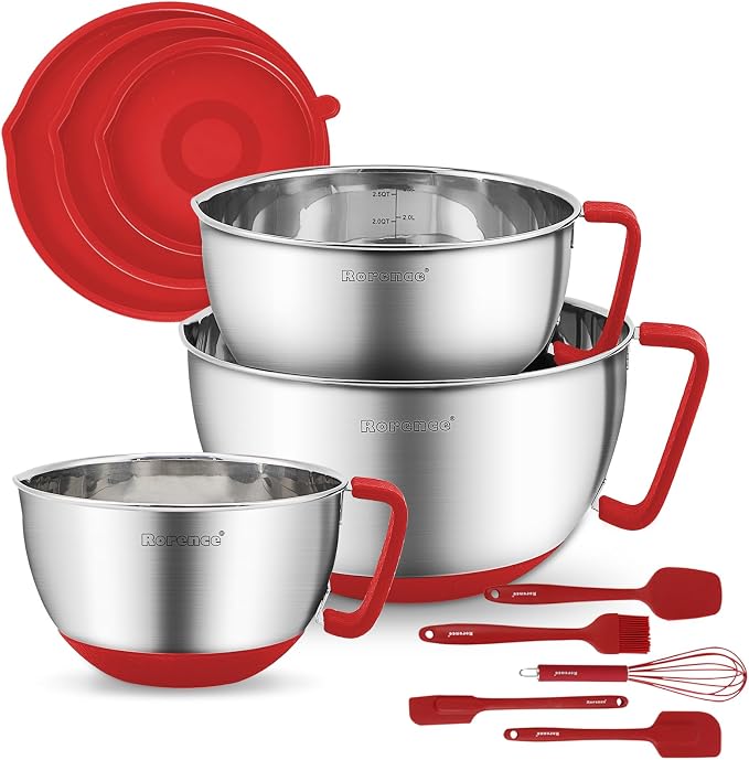Stainless Steel Mixing Bowls: Metal Mixing Bowl Set with Lids and Handles Non-slip Silicone Bottom Nesting Bowls for Kitchen Set of 3 - Red