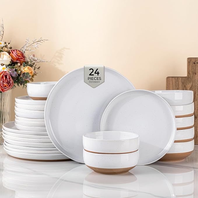 AmorArc Dinnerware Sets for 8, 24 Pieces Ceramic Plates and Bowls Set | Scratch Resistant Stoneware Dishes Set, Dishwasher & Microwave Safe,White