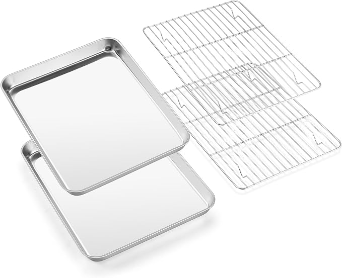 E-far Quarter Baking Sheet with Wire Rack, Stainless Steel 2 Pans + 2 Racks | 12.4 x 9.7 Inch Cookie Sheets Pan & Cooling Rack for Baking Cookies Cake, Non Toxic & Heavy Duty, Oven & Dishwasher Safe