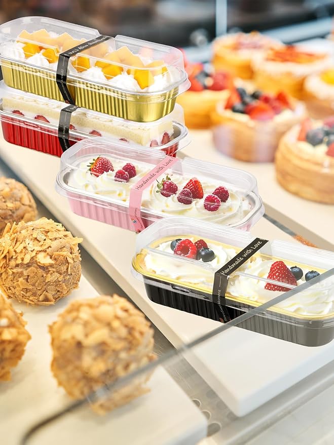 NEEBAKE 150 Pack 6.8 oz Disposable Mini Loaf Pans with Lids and Spoons - 6.5x2.5x1.2 Mixed Color Aluminum Loaf Pans, Small Aluminum Tin Foil Baking Pan, Food Containers for Baking, Cakes, Bread