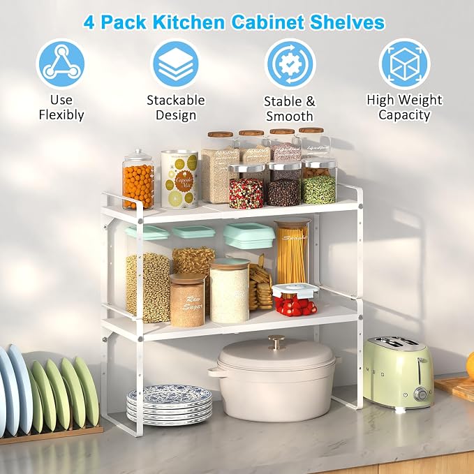 15.5 to 25.5 Inch Kitchen Cabinet Shelf Organizers, Adjustable Kitchen Counter Shelf Organizer, Set of 4 Expandable Countertop Storage Shelves, Stackable Design, 30LBS Heavy Duty, Space Saver