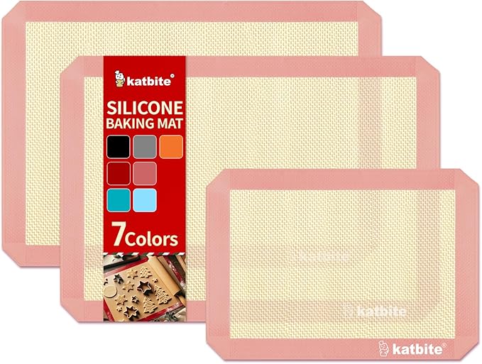 Katbite Silicone Baking Mat Set of 3 Pink | 2 Half Sheets Mats + 1 Quarter Baking Sheet, Reusable & Nonstick Bakeware Mats for Cookies, Macarons, Bread