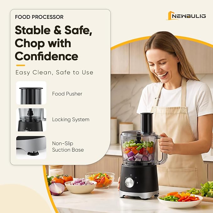 NEWBULIG 10.5 Cups Food Processor, Versatile Food processors with 5 Blades, 600W Powerful Meat Grinder for Slicing, Shredding, Chopping, Kneading, Dishwasher Safe, for Meat, Vegetables, Fruit, Dough