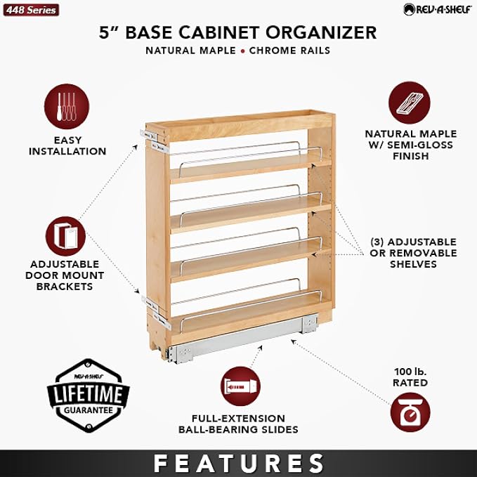 Rev-A-Shelf Pullout Kitchen Cabinet Organizer, Min Cabinet Opening 5.5" W | 5" W Slide Out Pantry Spice or Utensil Storage Rack with Adjustable Shelves for Base Cabinet Organization, 448-BC-5C