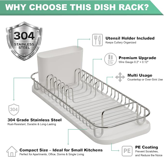 SunnyPoint 304 Stainless Steel NeverRust Compact Dish Drying Rack with Utensil Holder & Removable Drain Tray, Rustproof Small Dish Rack for Kitchen Countertop or Over Sink (Metallic Silver, Compact)