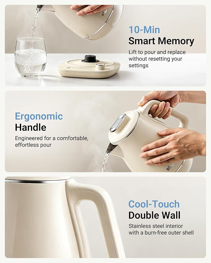 Bear Electric Kettle, 1.5L 304 Stainless Steel Water Boiler, 1500W Fast Boiling Tea Kettle with Double Wall Cool Touch, Auto Shut-Off & Boil-Dry Protection, BPA-Free, Cream