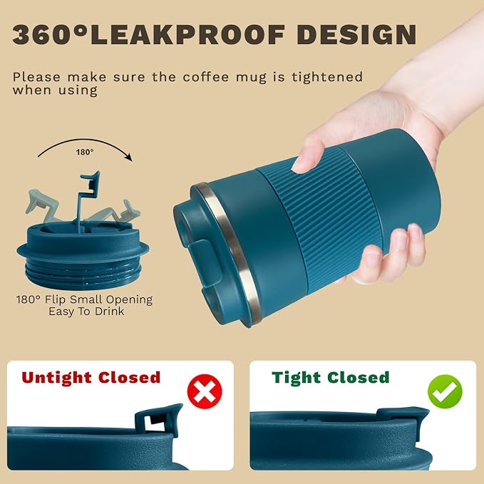 Vacuum Insulated Stainless Steel Travel Coffee Mug,Leak Proof Cup with Lid | 304 stainless steel mug with vacuum insulation, leak proof lid, silicone grip and car cup holder friendly design