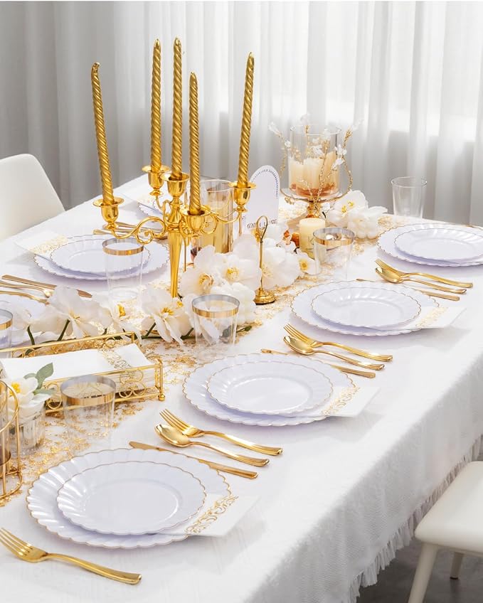 YOUBET 175PCS White and Gold Scalloped Plastic Plates for Party Wedding | White and Gold Disposable Dinnerware Set Include 50 Plates, 75 Gold Silverware, 25 Cups, 25 Napkins