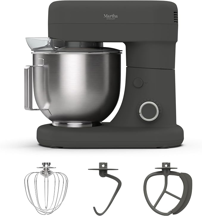 Martha Stewart 5.3QT Tilt Head Stand Mixer, 12 Speeds, Stainless Steel Bowl | Dough Hook, Stainless Whisk, Beater, Removable Splash Shield, Bread, Cake & Whipping, Electric Kitchen Mixer, Caviar Gray