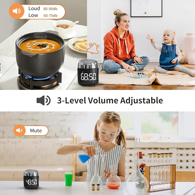 Kitchen Timer, 360 Rotate, Countup/Countdown, LED, Volume | Memory Function Back to School (Silver)