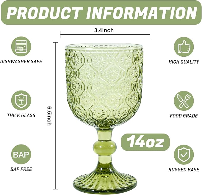 CHLJAR Green Vintage Wine Glasses set of 6 Goblets Glassware, 14 oz Green Wine Glasses, Vintage Colored Glass Goblet for Wedding, Party, Red Wine Glass, Bars, Restaurants Dishwasher Safe