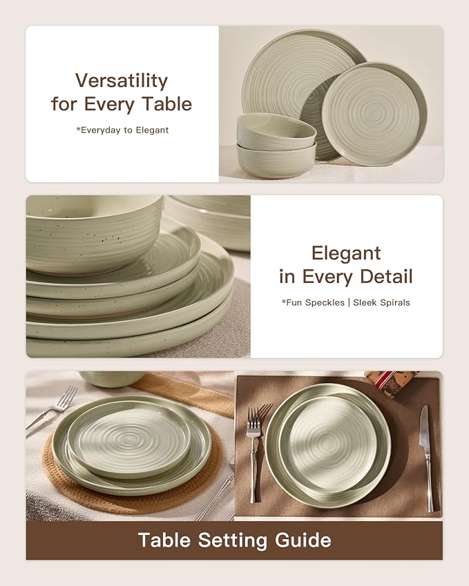 Stoneware Dinnerware Set for 6, White Honey Plates & Bowls | 18-Piece Ceramic Speckled Spiral Dishes, Chip & Scratch Resistant, Microwave & Dishwasher Safe, Everyday Use, Farmhouse Style