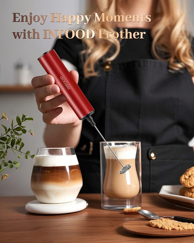 INFOOD Rechargeable Milk Frother with Cover, 2-Speed, 2 Whisks, Red | Stainless Steel Body and Whisks, 2 Detachable Heads, for Lattes, Cappuccinos, Hot Chocolate, and Egg